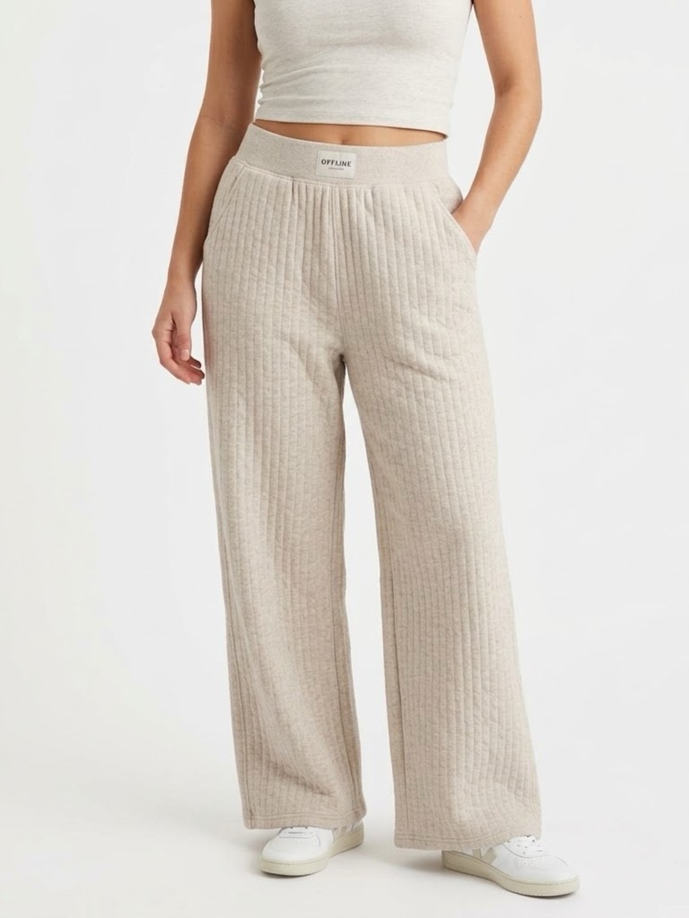 OFFLINE by Aerie Quilted Wide Leg Sweatpants Womens Small Beige Oat Lounge Pants